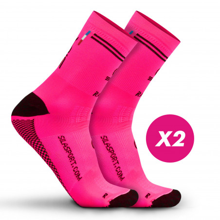 LOT DE 2 CHAUSSETTES RACING SILA - Mi-hautes ROSE FLUO / NOIR