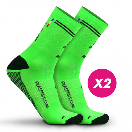 LOT DE 2 CHAUSSETTES RACING SILA - Mi-hautes VERT FLUO / NOIR