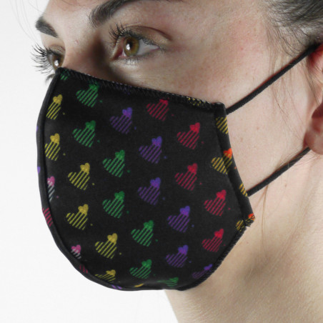 Masque tissu SILA HEART NOIR MULTICOLOR - Forme Coquille - Filtration 1 - UNS1